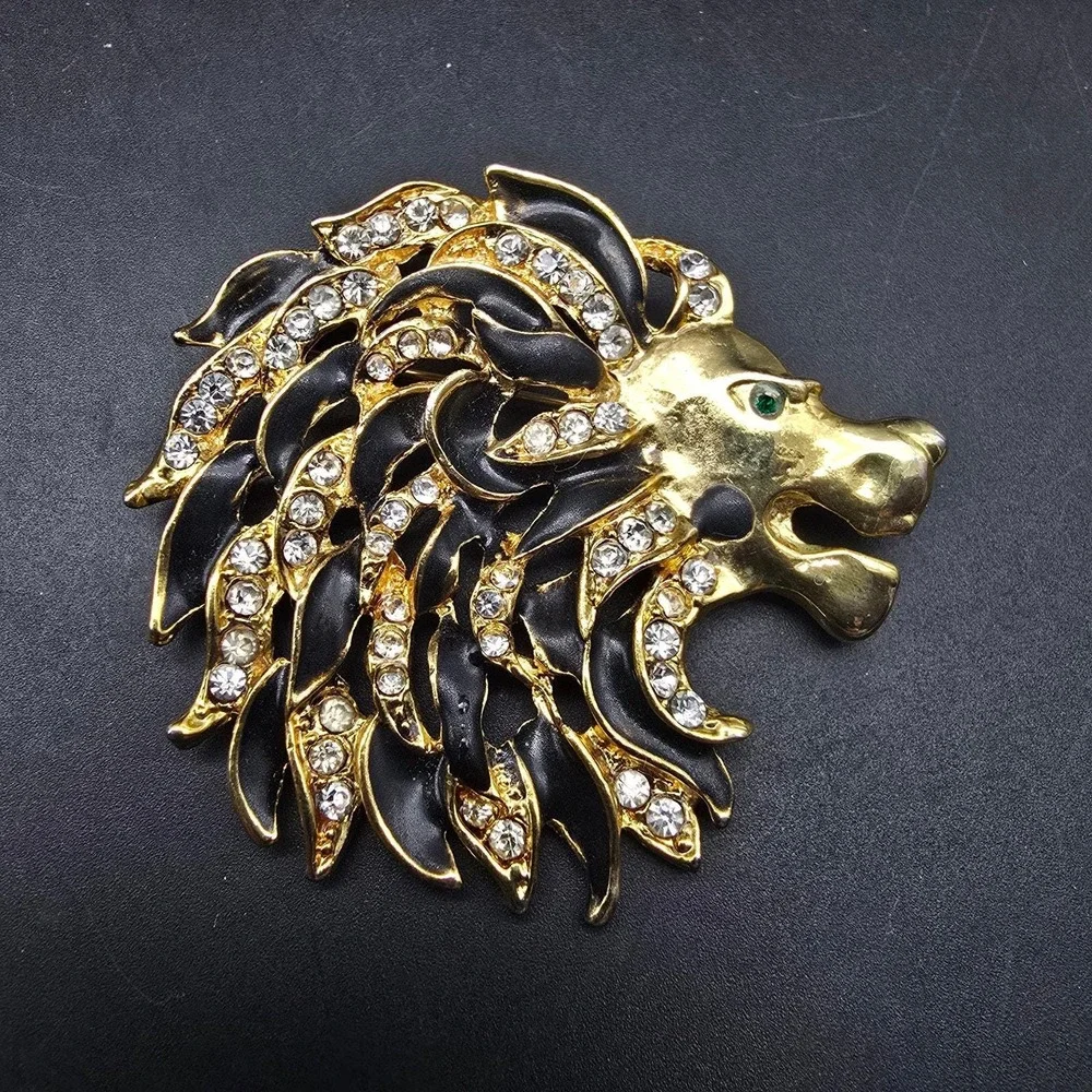 Lion Head Brooch Gold Tone Rhinestone Black Enamel Vintage 1980s Animal Jewelry